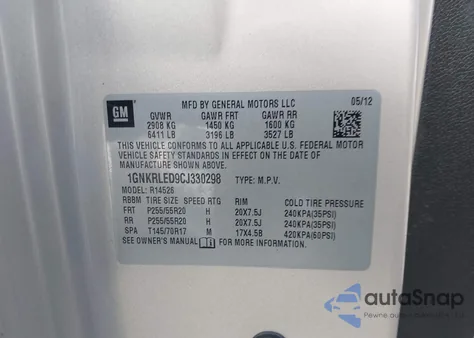 2012 Chevrolet Traverse Ltz из США, поврежденный, VIN 1GNKRLED9CJ330298